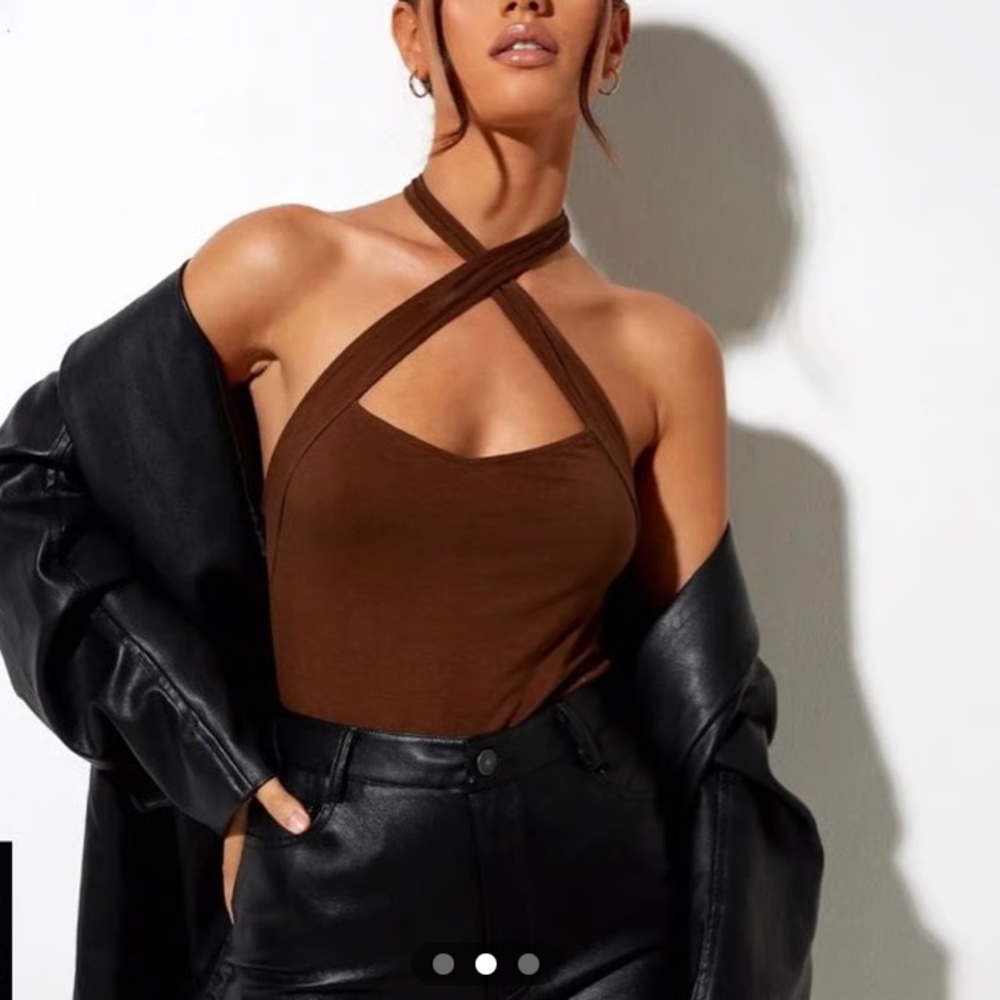 Motel brown bodysuit with cross straps in size small!